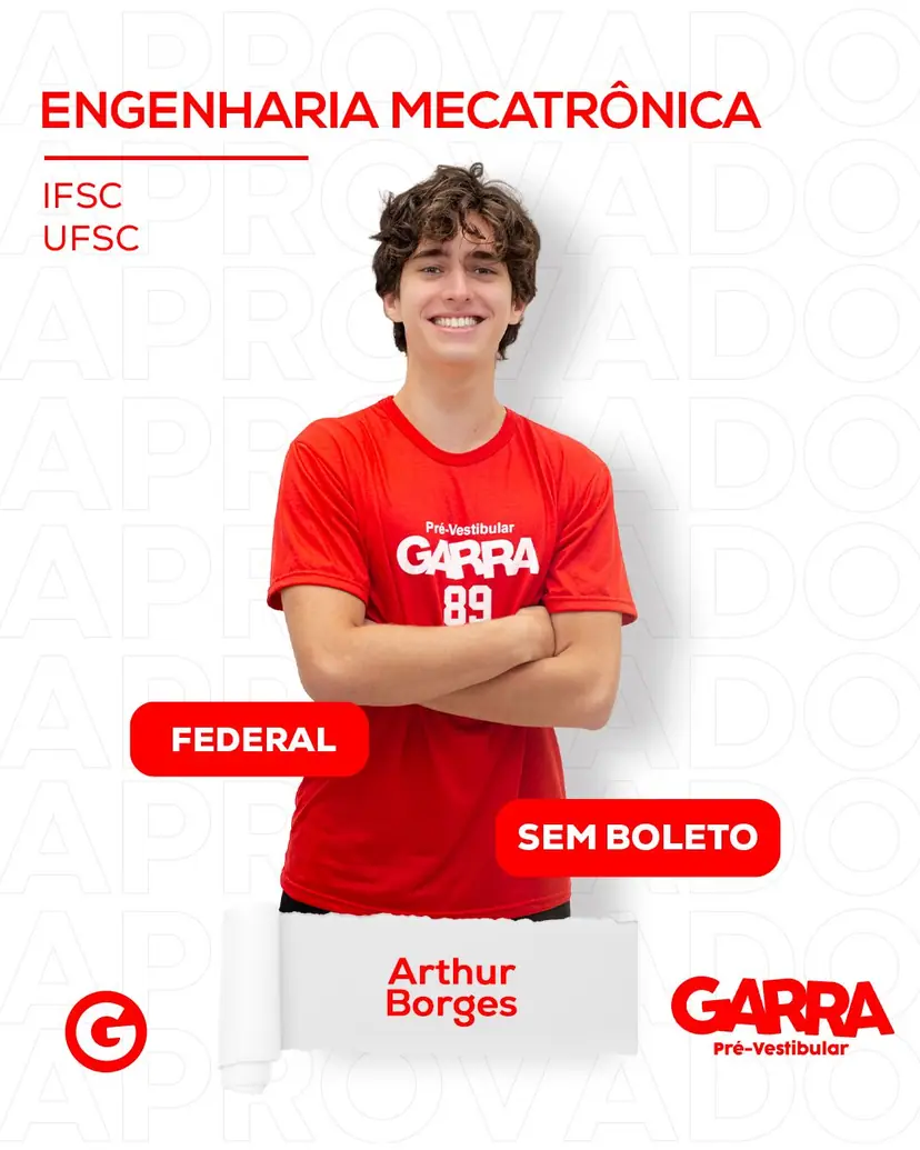 Card de aprovação de Arthur Borges: Engenharia Mecatrônica na UFSC